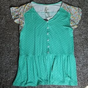 Matilda Jane Teal Polka Dot Top with Floral Sleeves No Tags